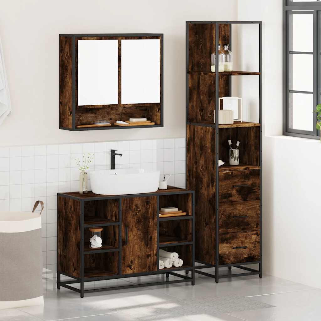 Set Mobili da Bagno 3 pz Rovere Fumo in Legno Multistrato | homemem39
