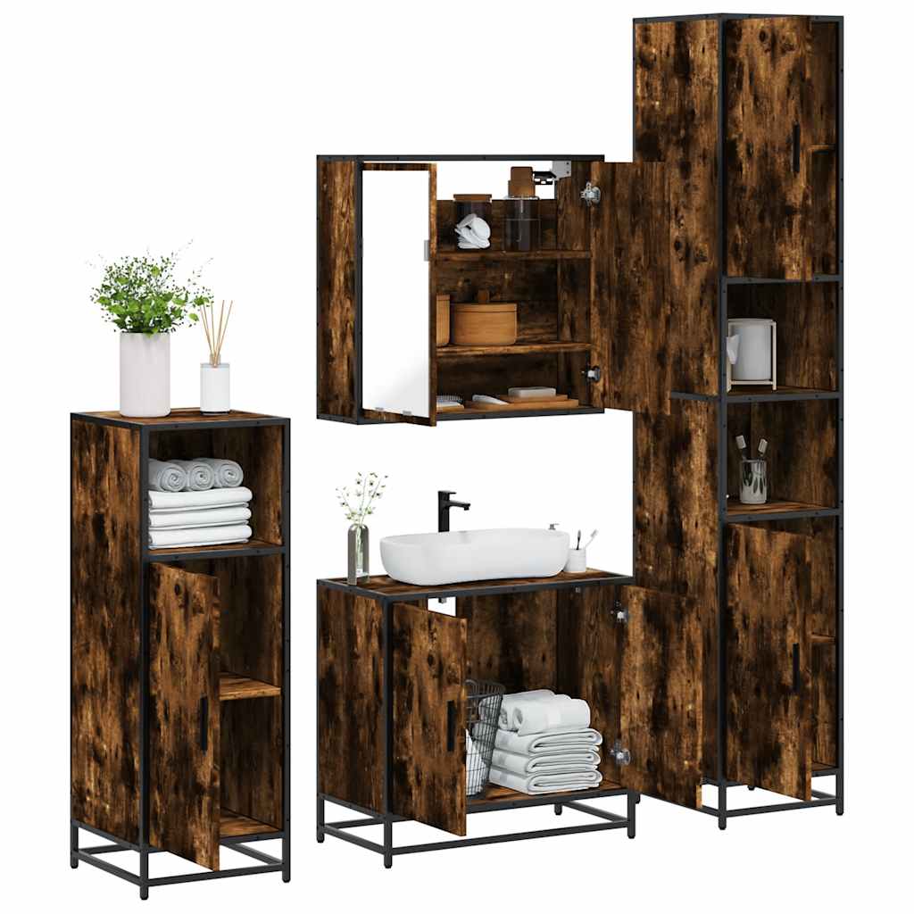 Set Mobili da Bagno 4 pz Rovere Fumo in Legno Multistrato