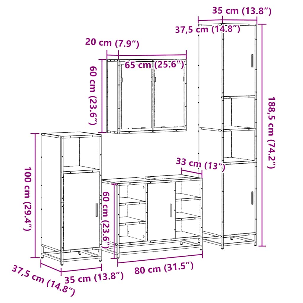 Set Mobili da Bagno 4 pz Rovere Fumo in Legno Multistrato | homemem39