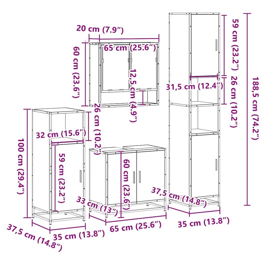 Set Mobili da Bagno 4 pz Rovere Sonoma in Legno Multistrato | homemem39