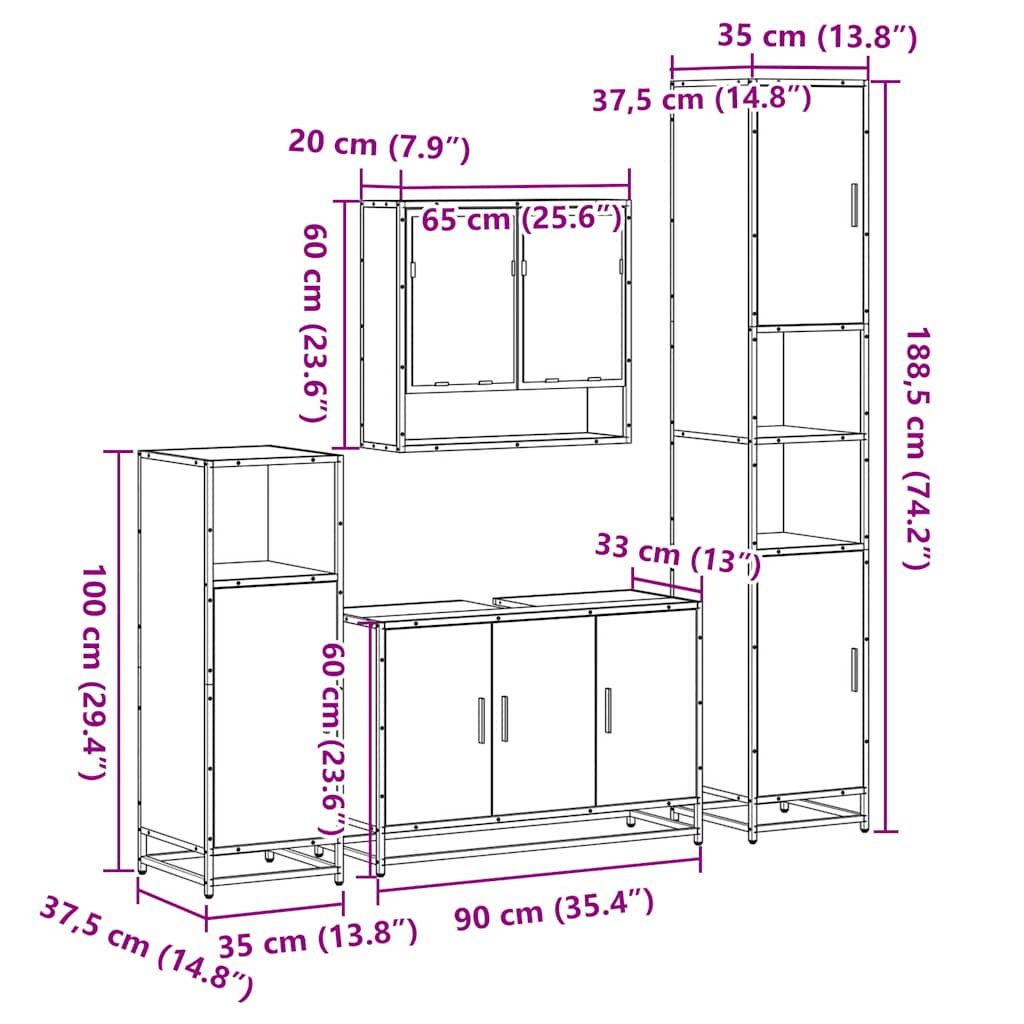 Set Mobili da Bagno 4 pz Rovere Sonoma in Legno Multistrato | homemem39