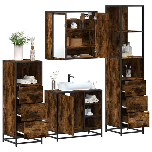 Set Mobili da Bagno 4 pz Rovere Fumo in Legno Multistrato | homemem39