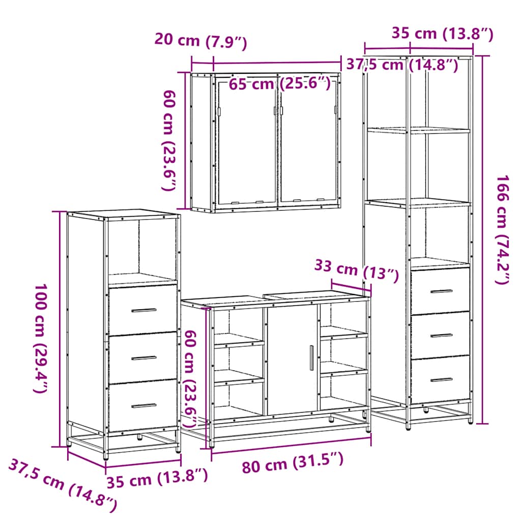 Set Mobili da Bagno 4 pz Rovere Sonoma in Legno Multistrato | homemem39