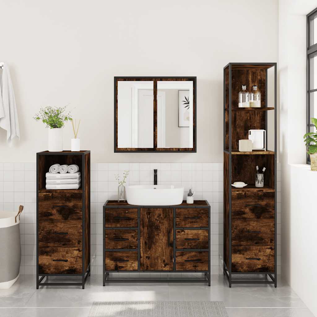 Set Mobili da Bagno 4 pz Rovere Fumo in Legno Multistrato | homemem39