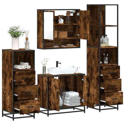 Set Mobili da Bagno 4 pz Rovere Fumo in Legno Multistrato | homemem39