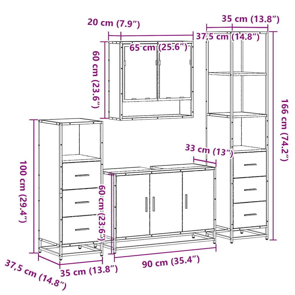 Set Mobili da Bagno 4 pz Rovere Sonoma in Legno Multistrato | homemem39