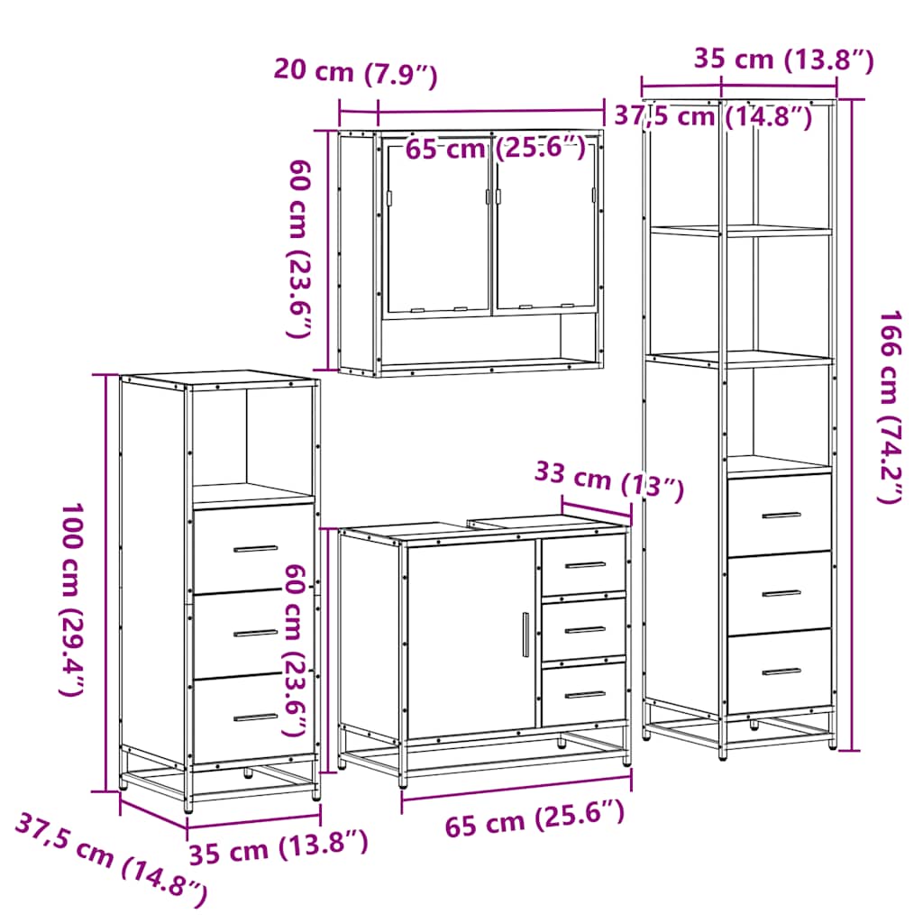 Set Mobili da Bagno 4 pz Rovere Sonoma in Legno Multistrato | homemem39
