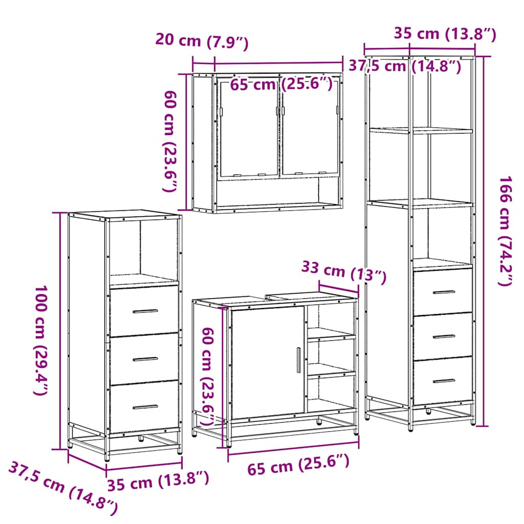 Set Mobili da Bagno 4 pz Rovere Sonoma in Legno Multistrato | homemem39