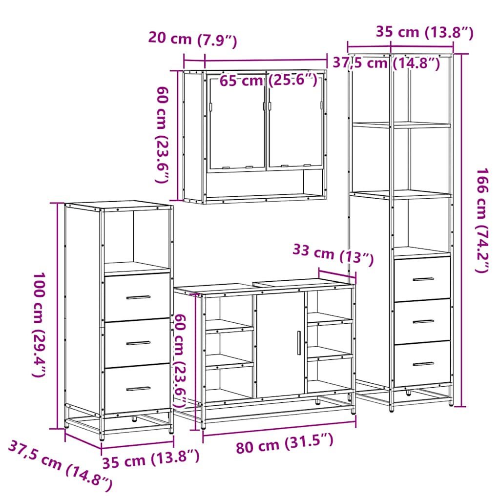 Set Mobili da Bagno 4 pz Rovere Sonoma in Legno Multistrato | homemem39