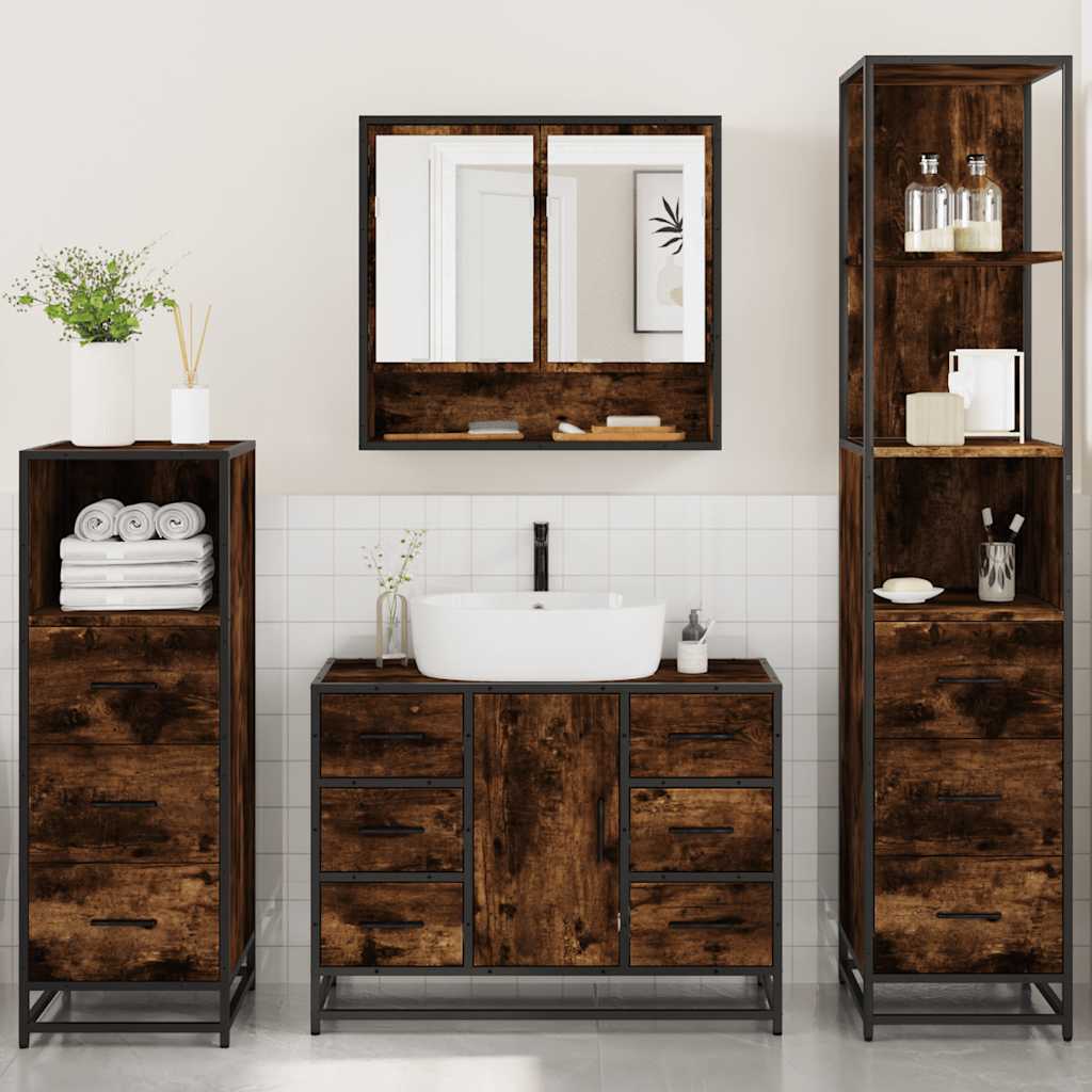 Set Mobili da Bagno 4 pz Rovere Fumo in Legno Multistrato | homemem39