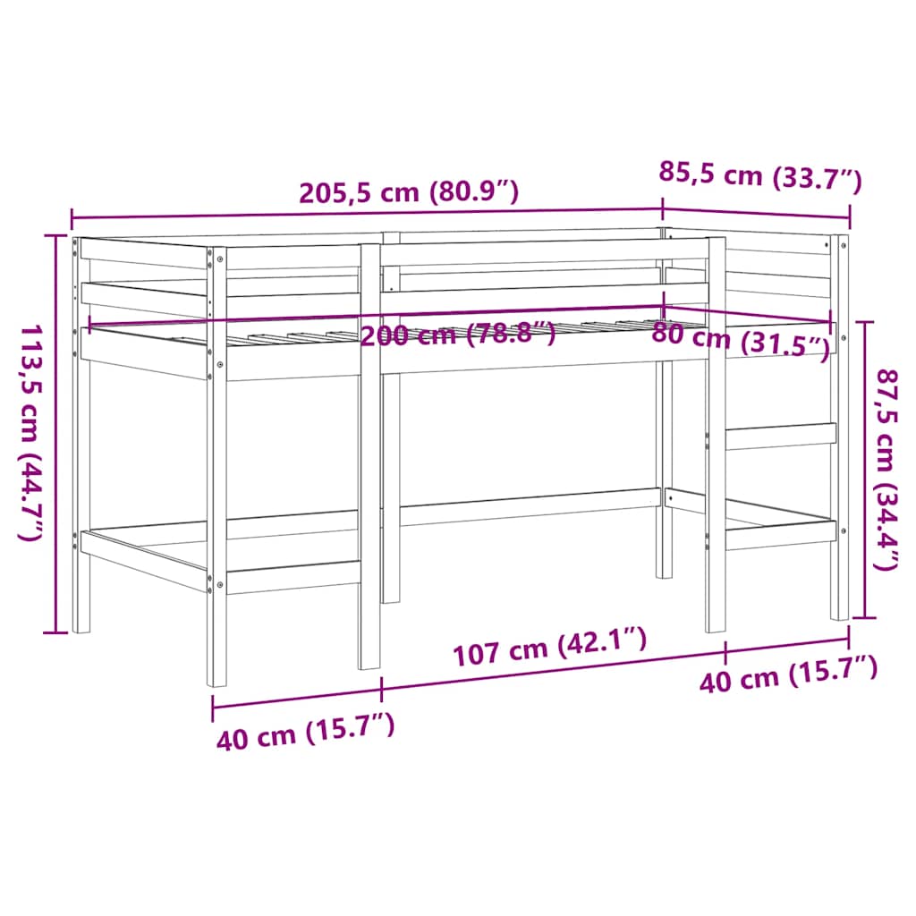 Letto Soppalco con Scala Bambini Marrone 80x200cm Massello Pino - homemem39