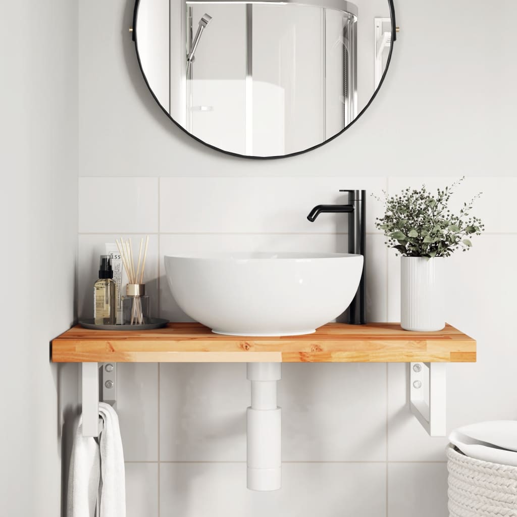 Ripiano a Parete per Lavabo in Acciaio e Massello di Acacia