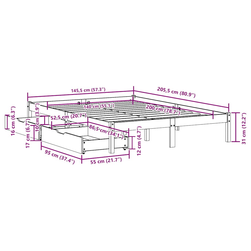 Letto senza Materasso Bianco 140x200 cm Legno Massello di Pino