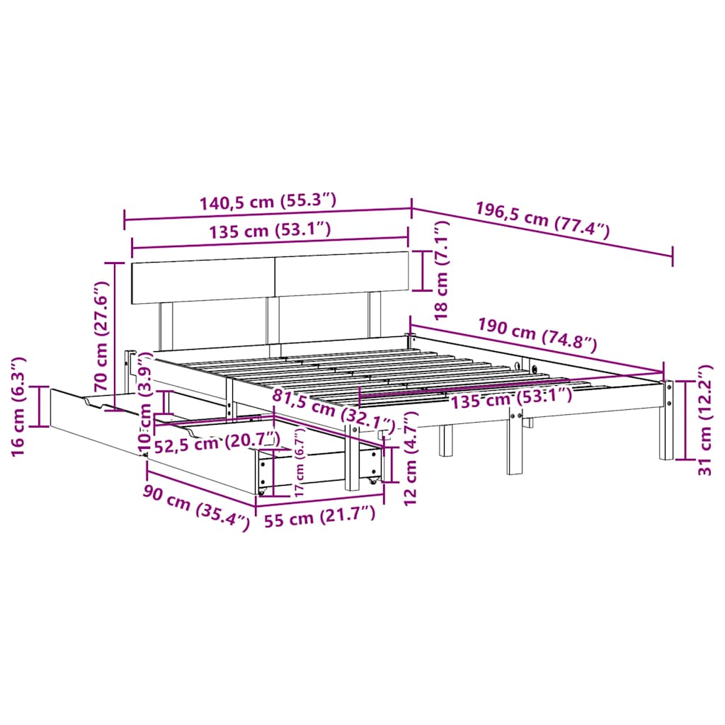 Letto senza Materasso Bianco 135x190 cm Legno Massello di Pino | homemem39