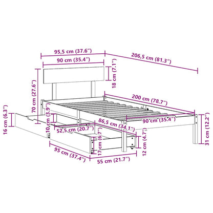 Letto senza Materasso 90x200 cm in Legno Massello di Pino