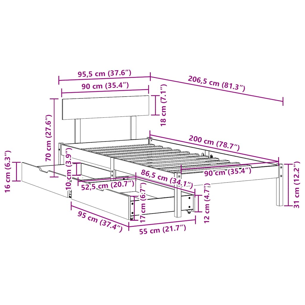 Letto senza Materasso Bianco 90x200 cm Legno Massello di Pino | homemem39