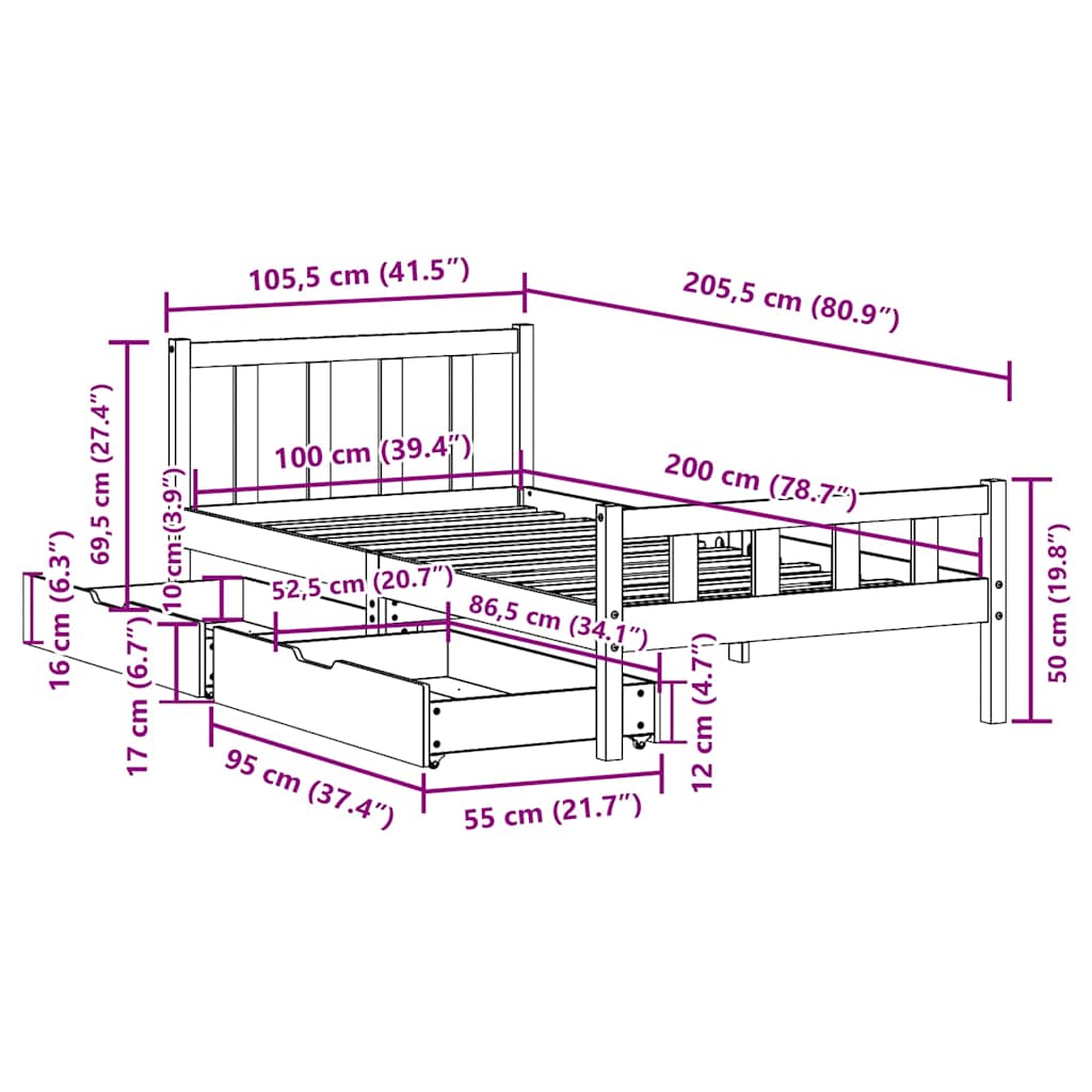Giroletto senza Materasso 100x200 cm in Legno Massello di Pino