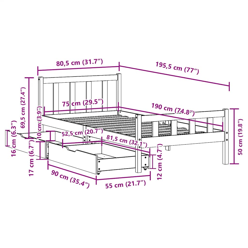 Letto senza Materasso Marrone Cera 75x190 cm in Legno di Pino | homemem39
