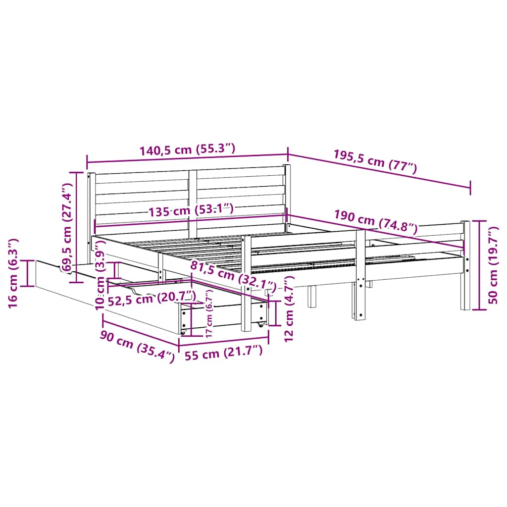 Letto senza Materasso Bianco 135x190 cm Legno Massello di Pino | homemem39