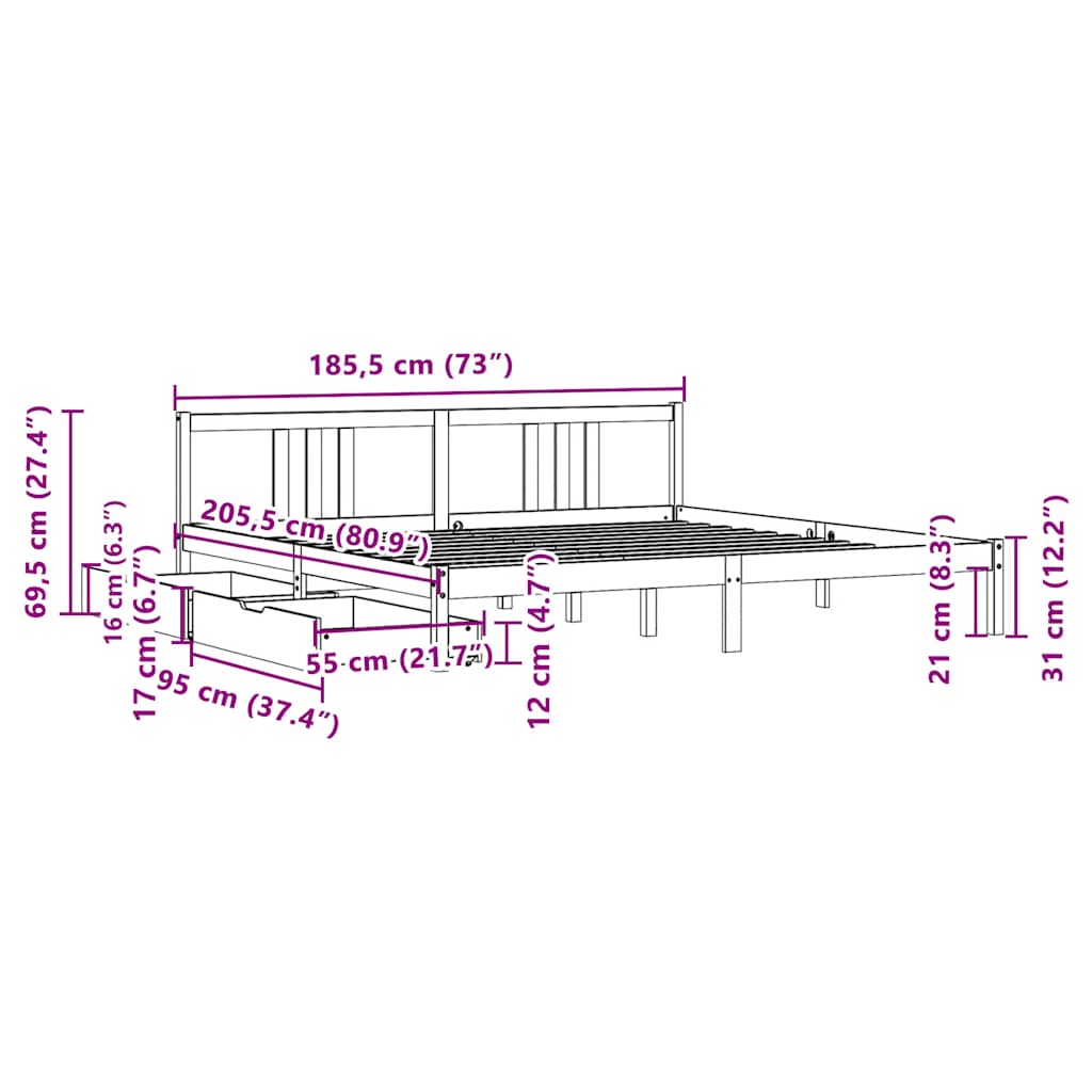 Letto senza Materasso 180x200 cm in Legno Massello di Pino