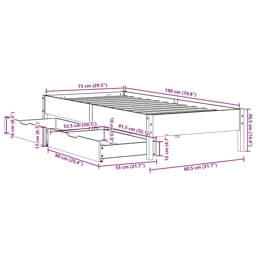 Letto senza Materasso Marrone Cera 75x190 cm in Legno di Pino | homemem39