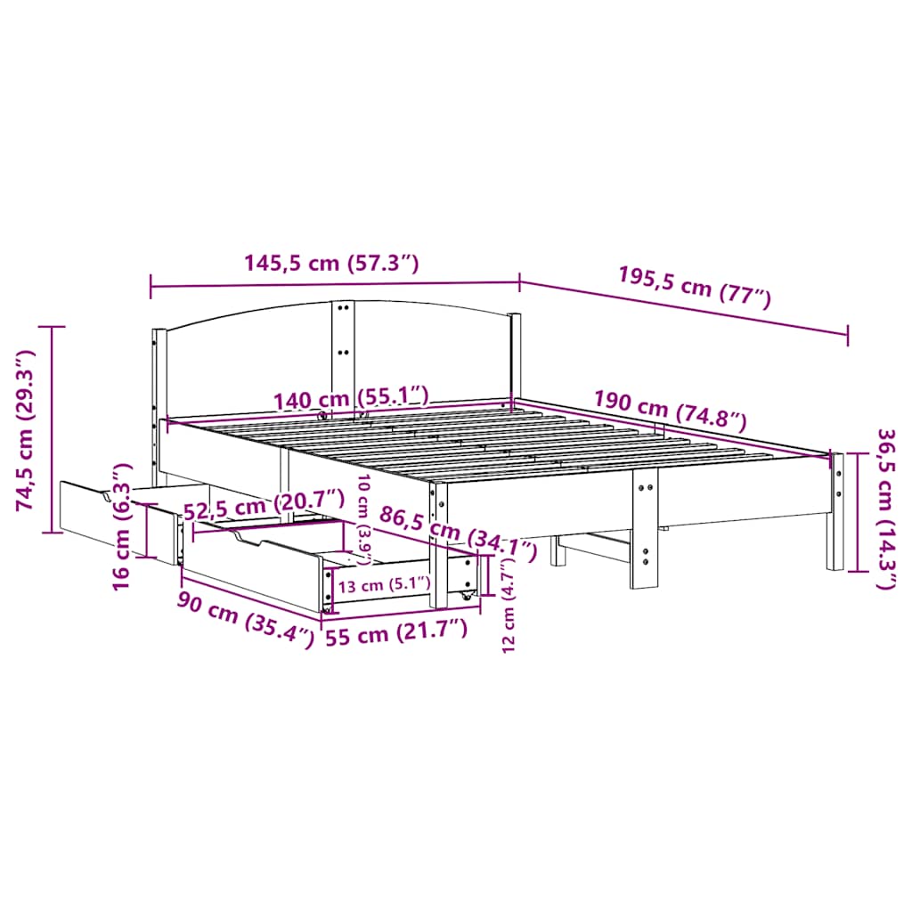 Letto senza Materasso Marrone Cera 140x190 cm in Legno di Pino | homemem39