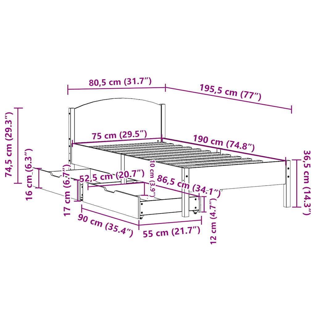 Letto senza Materasso Marrone Cera 75x190 cm in Legno di Pino | homemem39