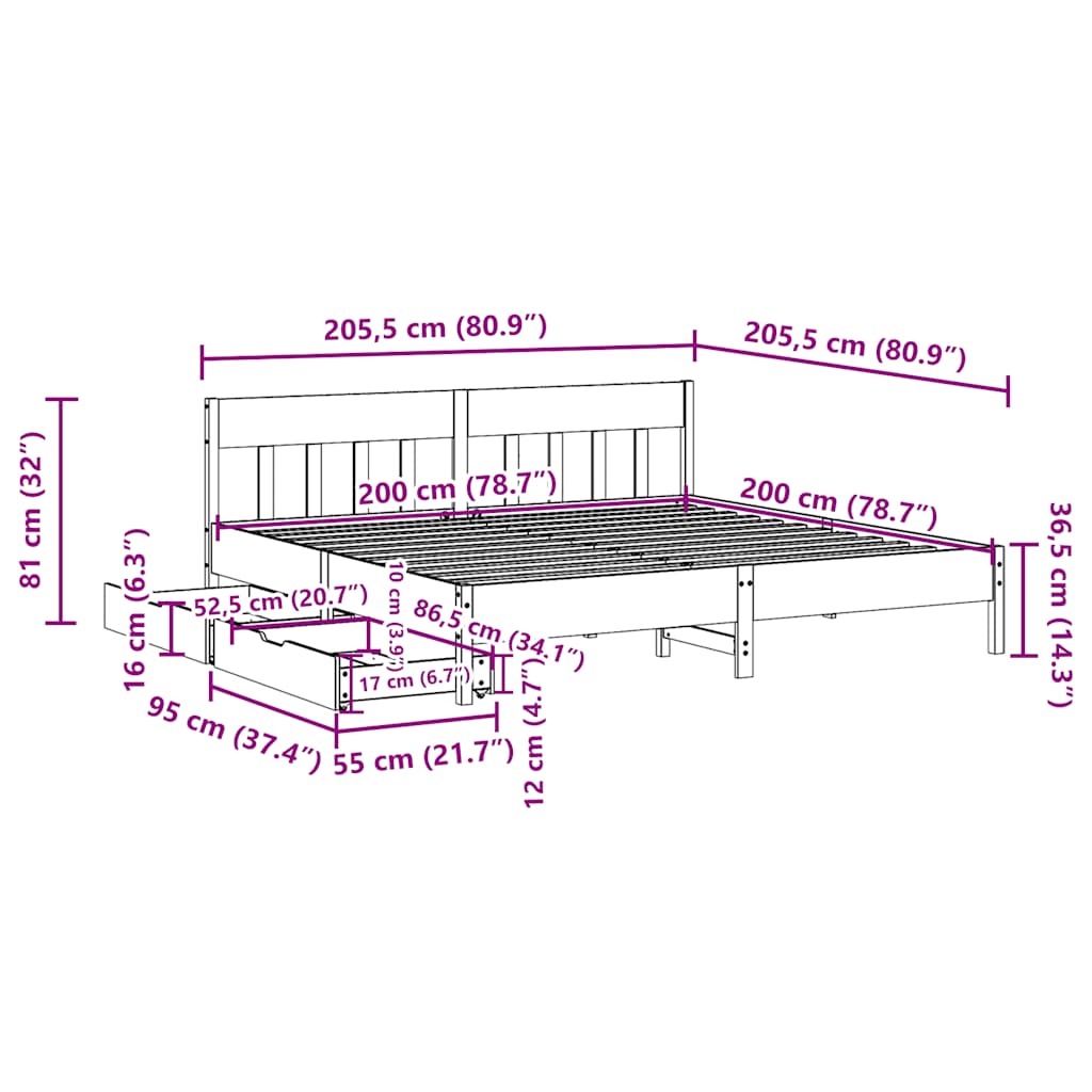 Letto senza Materasso 200x200 cm in Legno Massello di Pino