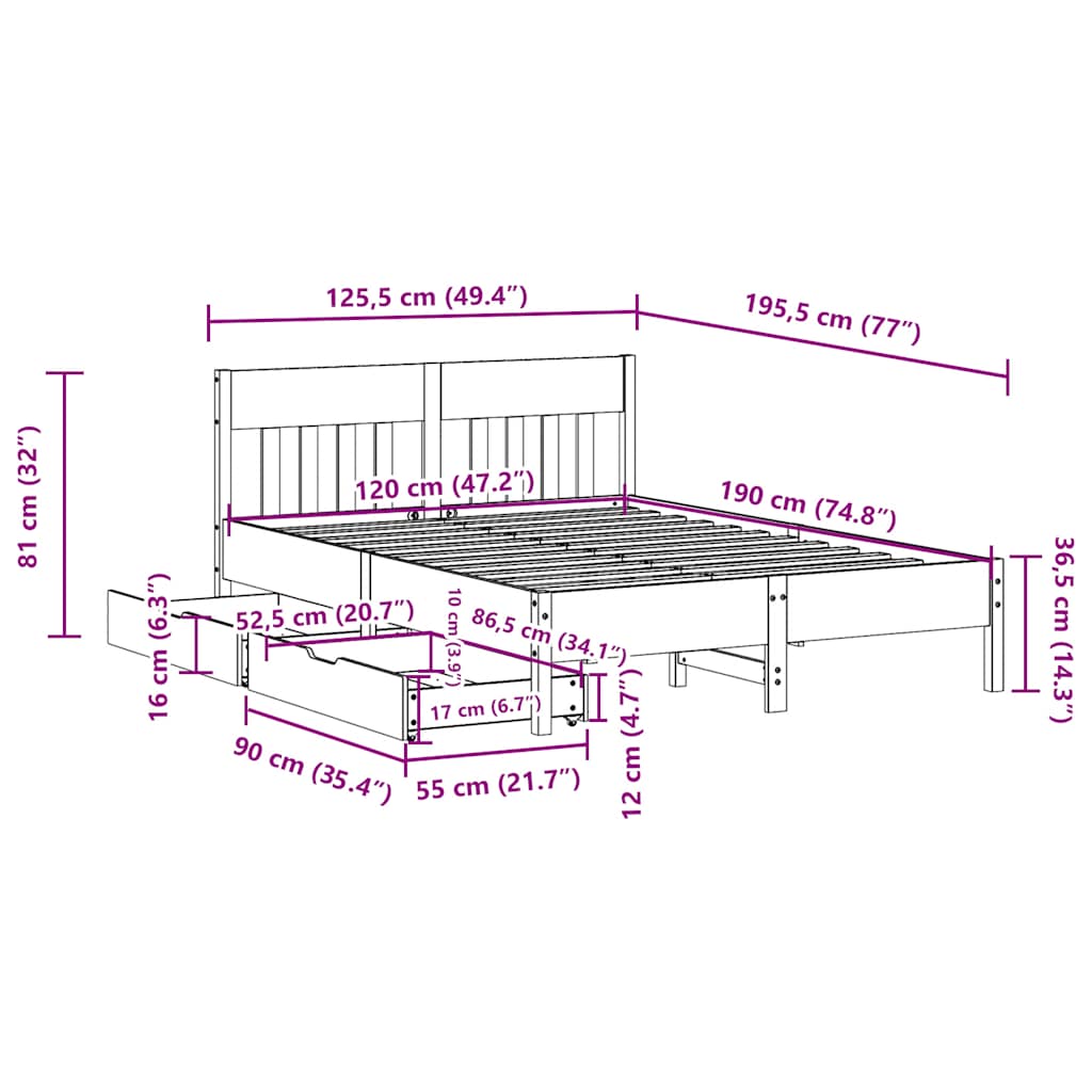 Letto senza Materasso Marrone Cera 120x190 cm in Legno di Pino | homemem39