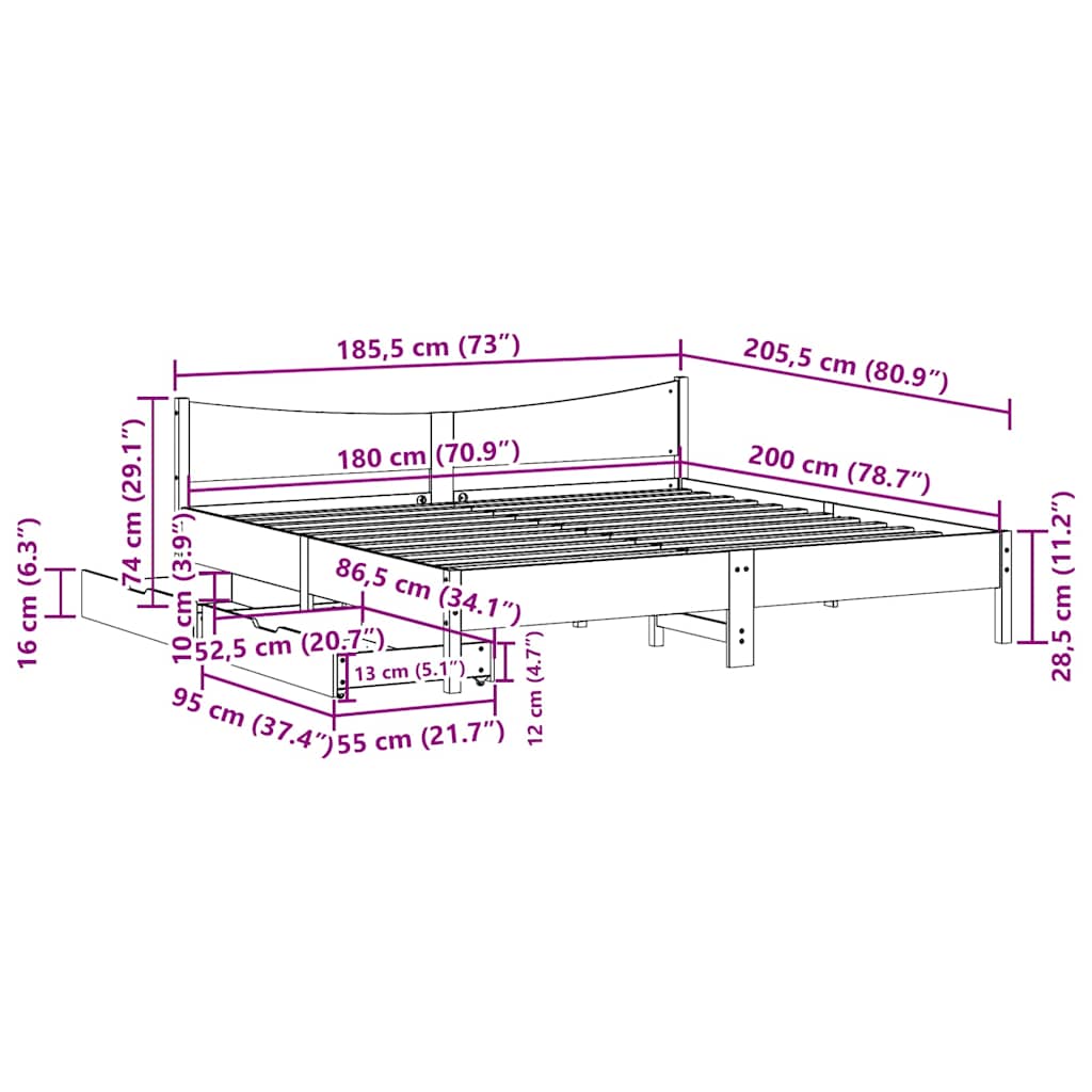 Giroletto con Cassetti Bianco 180x200 cm Legno Massello di Pino | homemem39