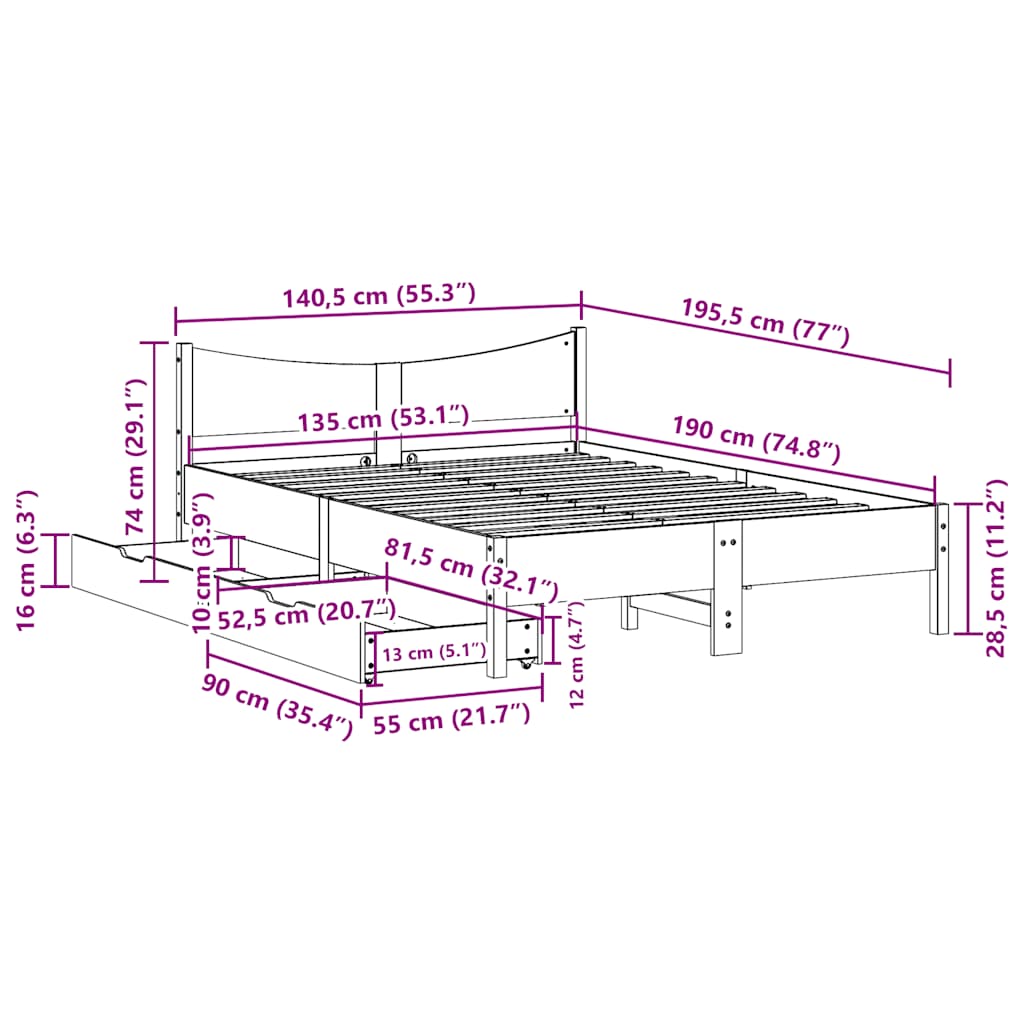 Giroletto Cassetti Marrone Cera 135x190 cm Legno Massello Pino | homemem39