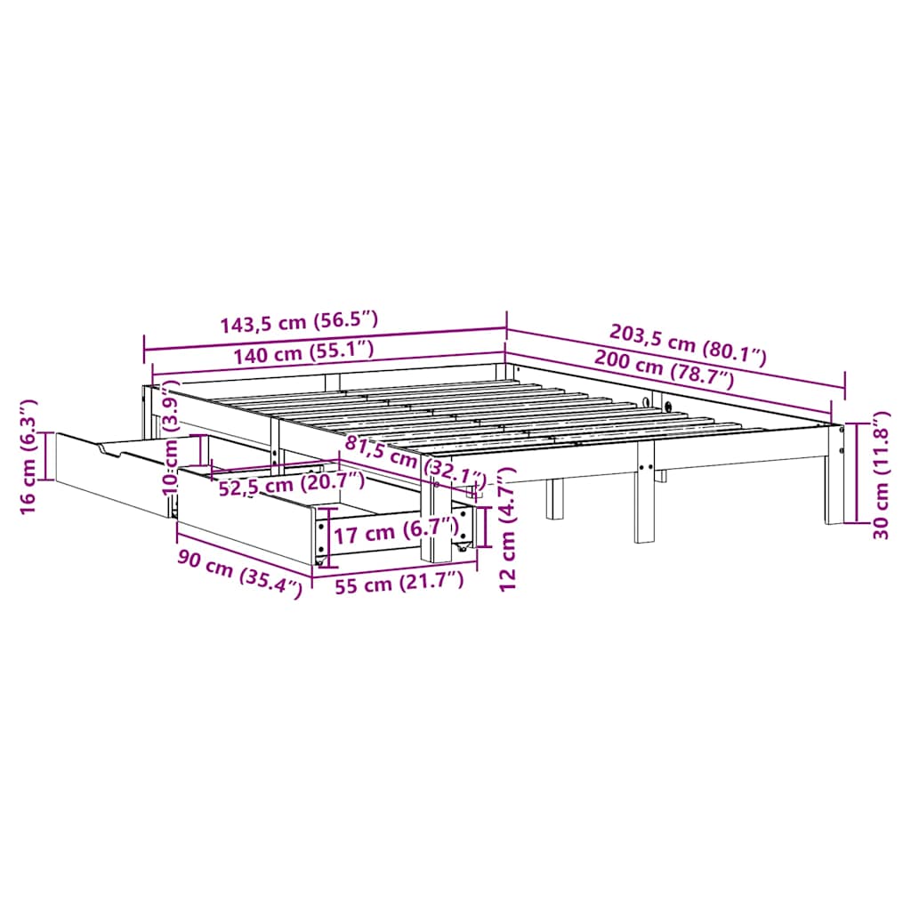 Giroletto Cassetti Marrone Cera 140x200 cm Legno Massello Pino | homemem39