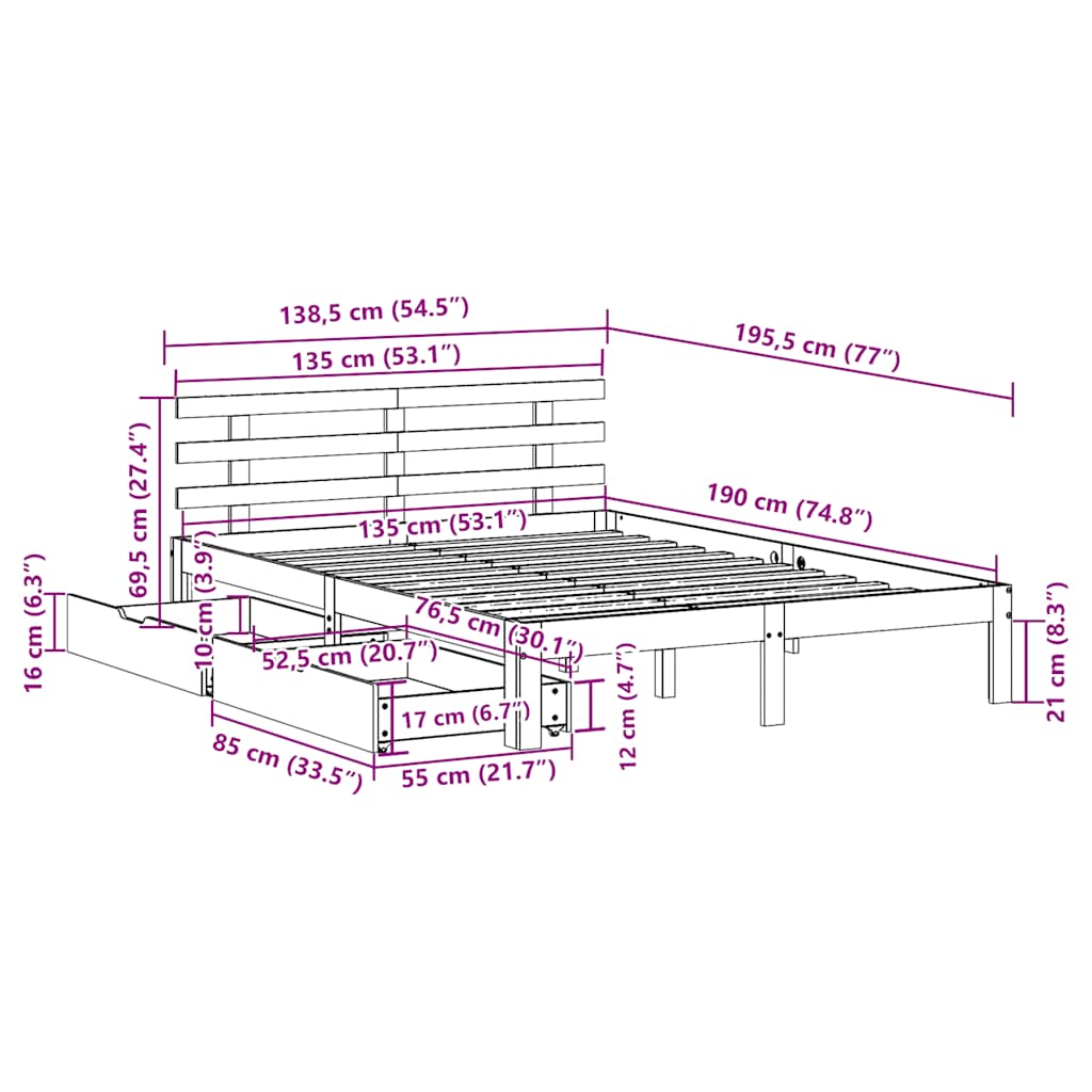 Giroletto con Cassetti 135x190 cm in Legno Massello di Pino - homemem39