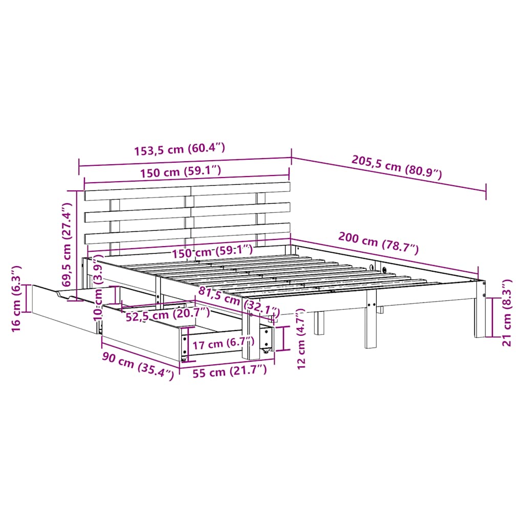 Giroletto con Cassetti Bianco 150x200 cm Legno Massello di Pino | homemem39