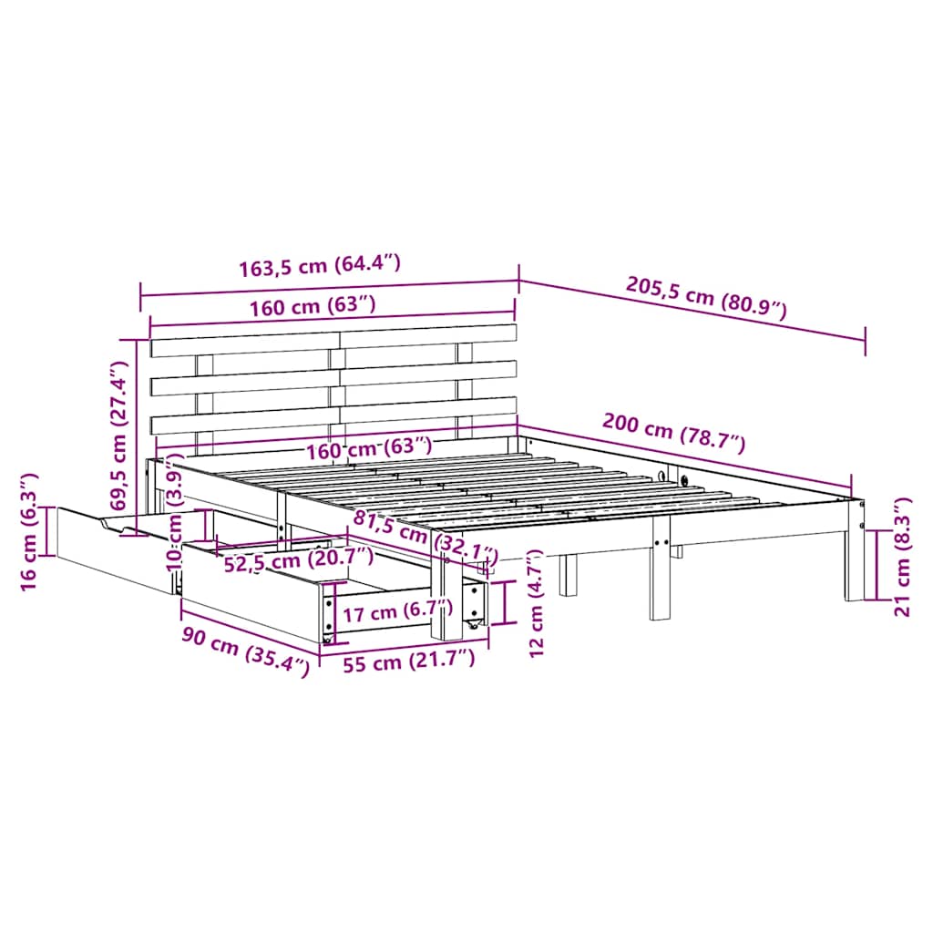 Giroletto con Cassetti Bianco 160x200 cm Legno Massello di Pino | homemem39