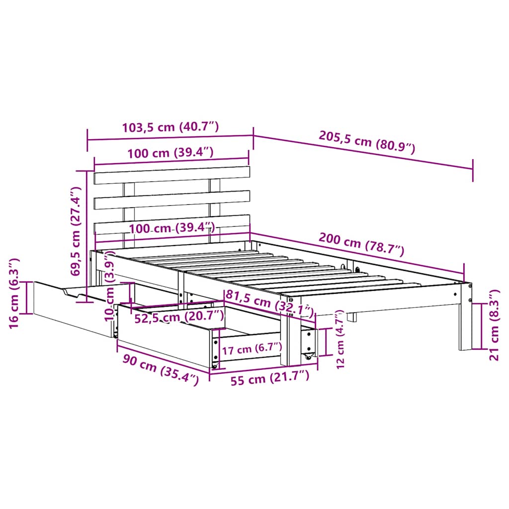 Giroletto Cassetti Marrone Cera 100x200 cm Legno Massello Pino | homemem39