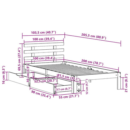 Giroletto Cassetti Marrone Cera 100x200 cm Legno Massello Pino | homemem39
