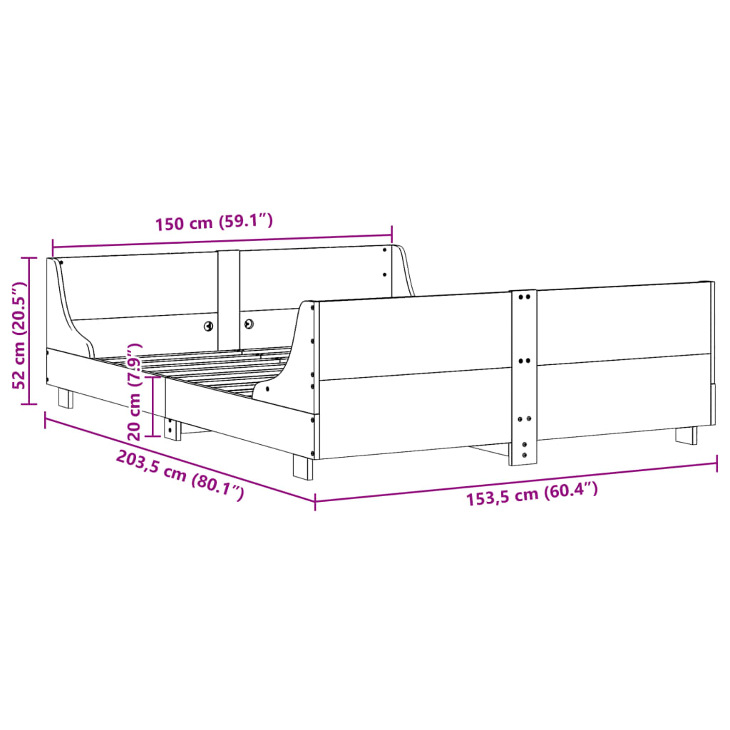 Letto senza Materasso 150x200 cm in Legno Massello di Pino | homemem39