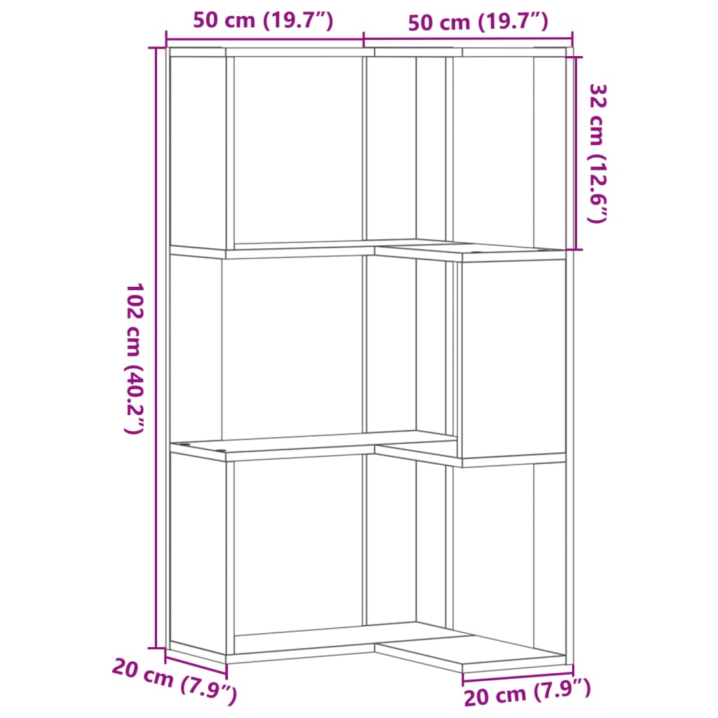 Libreria Angolare 3 Ripiani Grigio Cemento 50x50x102 cm Legno