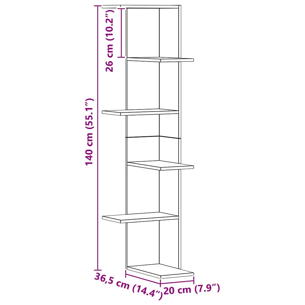 Scaffale Angolare Muro Rovere Artigianale 36,5x36,5x140cm Legno | homemem39