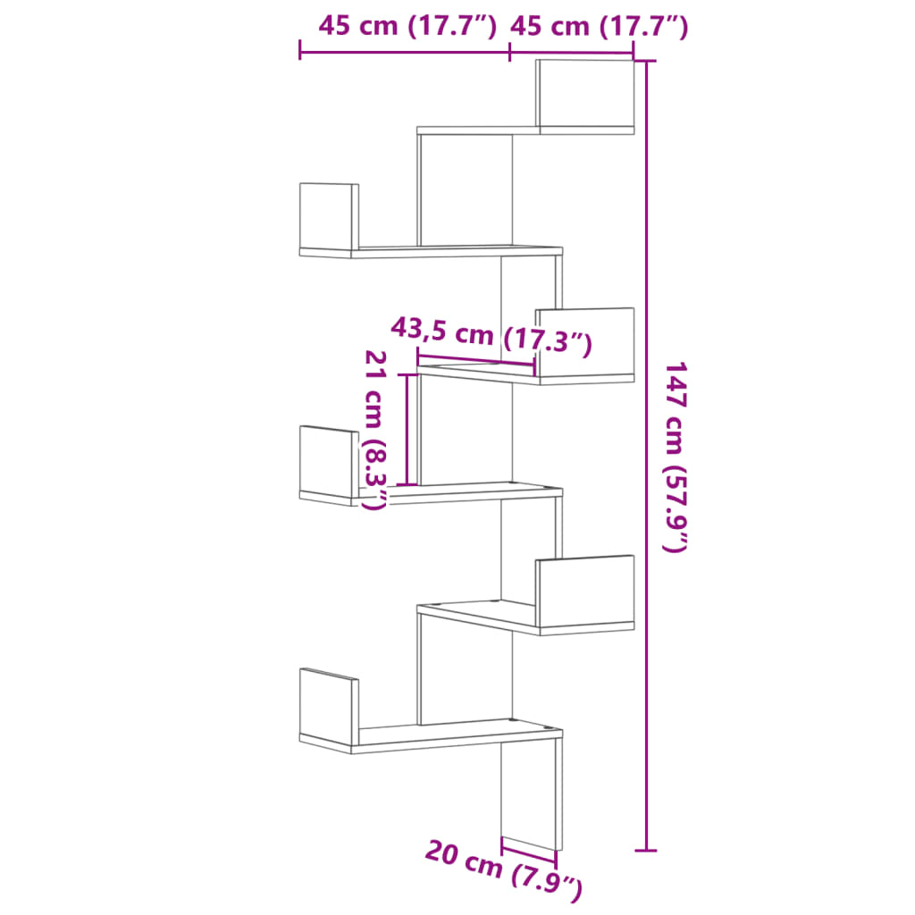 Scaffale Angolare Muro Bianco 45x45x147 cm Legno Multistrato | homemem39
