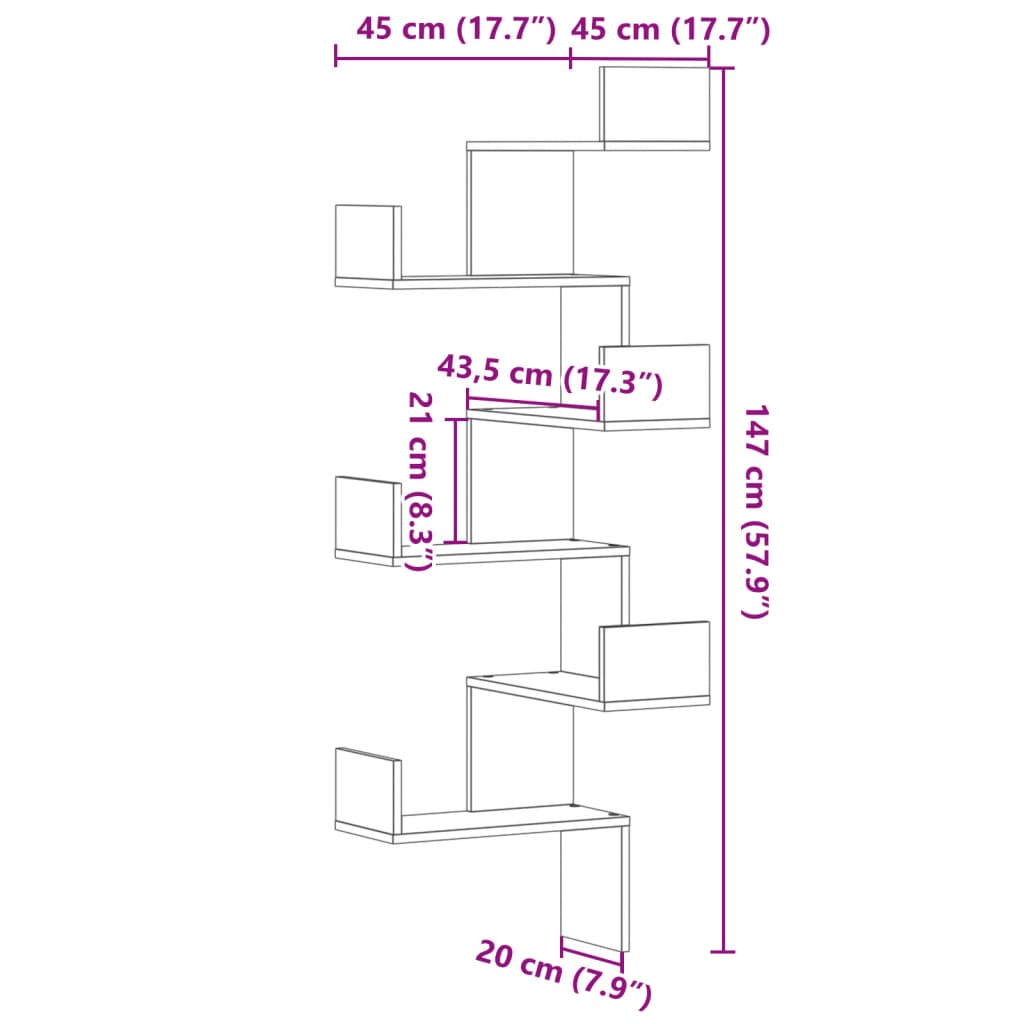 Scaffale Angolare Muro Legno Antico 45x45x147 cm Multistrato | homemem39