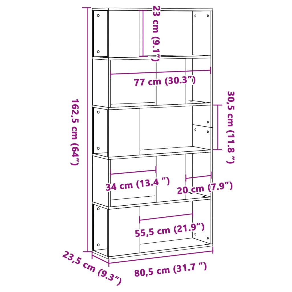 Libreria 5 Ripiani Nera 80,5x23,5x162,5cm in Legno Multistrato