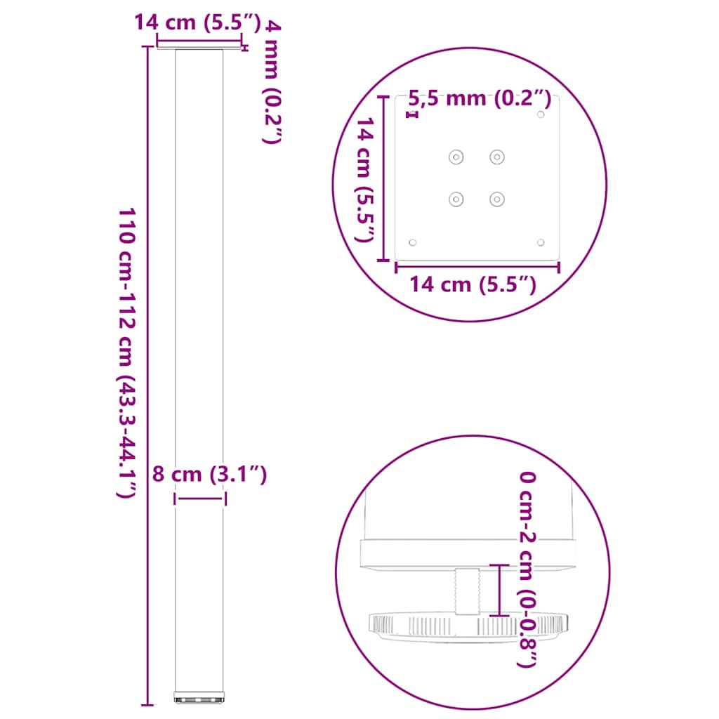 Gambe per Tavolino 4 pz Nero 110-112 cm in Acciaio - homemem39