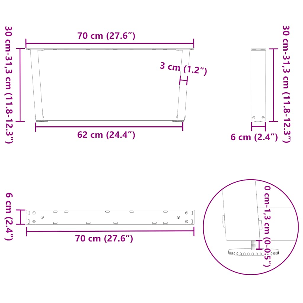 Gambe per Tavolo Pranzo a V 2pz Naturale 70x(30-31,3)cm Acciaio - homemem39