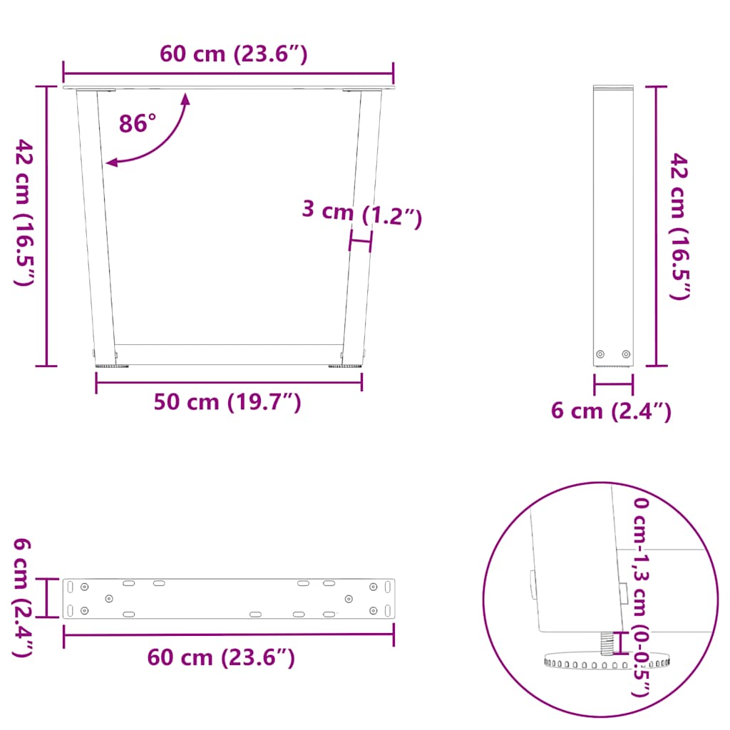 Gambe per Tavolo Pranzo a V 2pz Naturale 60x(42-43,3)cm Acciaio - homemem39