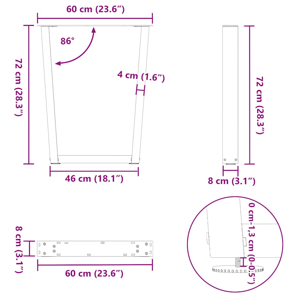 Gambe per Tavolo da Pranzo a V 2 pz Nero 60x(72-73,3)cm Acciaio - homemem39