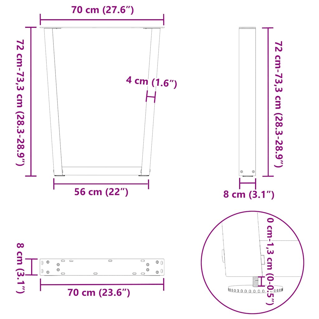 Gambe per Tavolo Pranzo a V 2pz Naturale 70x(72-73,3)cm Acciaio - homemem39