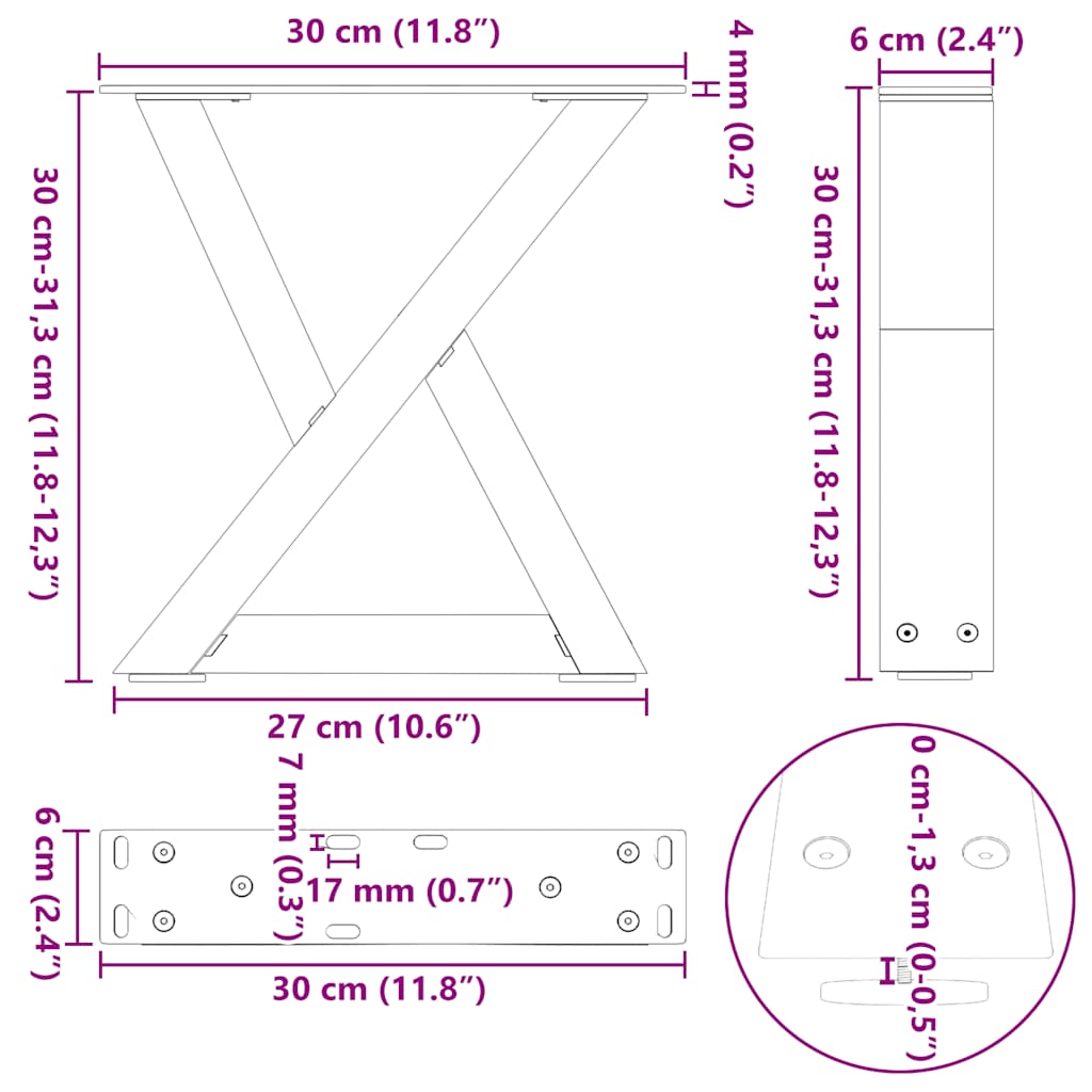 Gambe per Tavolino 2 pz Antracite 30x(30-31,3) cm in Acciaio - homemem39