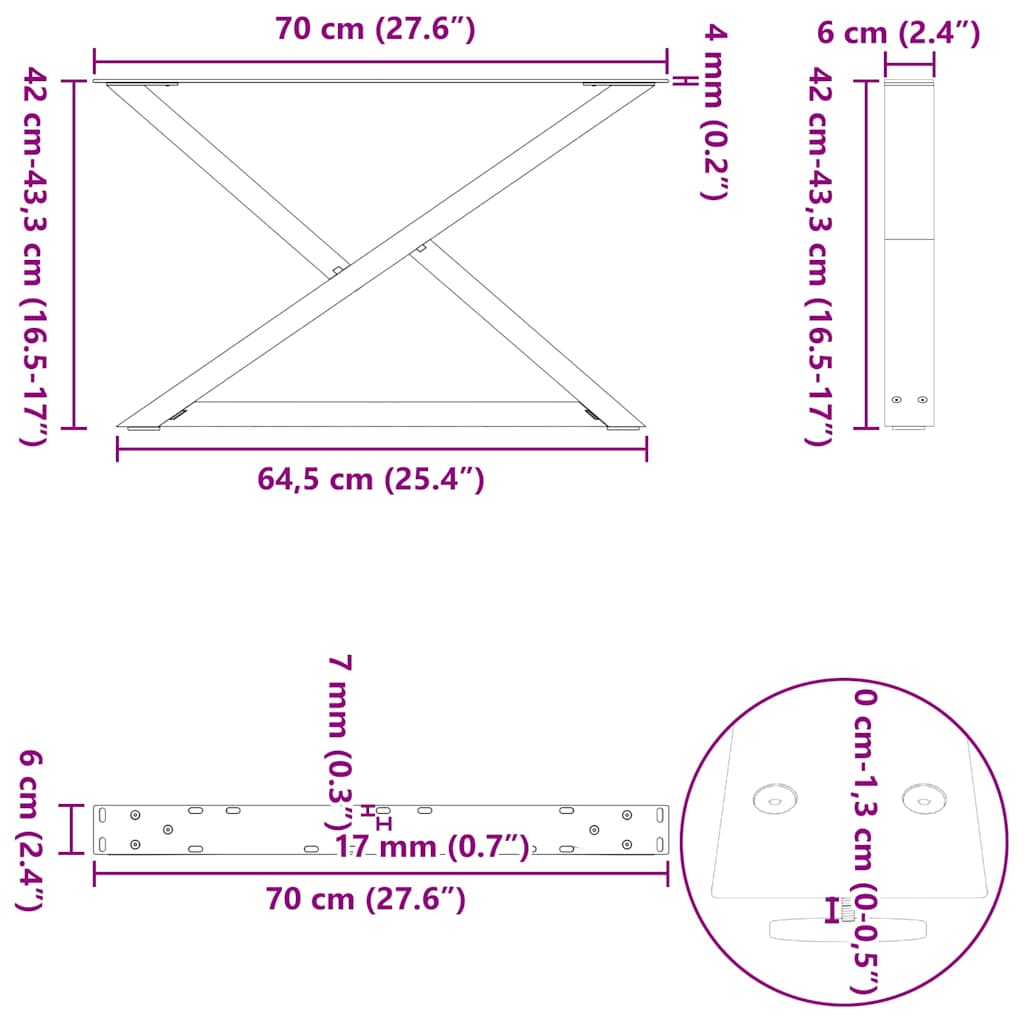 Gambe per Tavolino 2 pz Naturale 70x(42-43,3) cm in Acciaio - homemem39